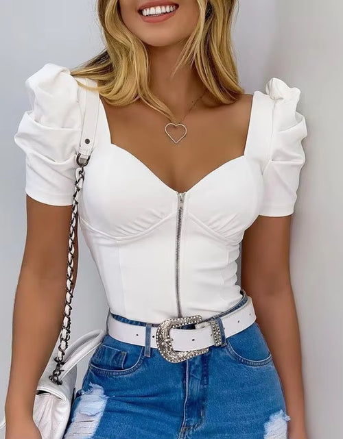 Load image into Gallery viewer, Women'S Elegant T-Shirt 2024 Spring Summer Latest Casual Solid Puff Sleeve Zip Front Top Commuting Elegant Short Sleeve Blouses
